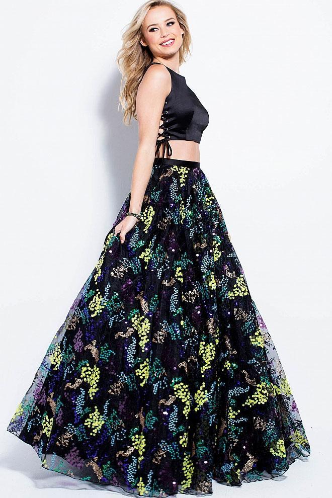59182 Two Piece Bateau Side Lace Up Prom Gown