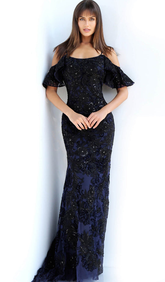 Jovani - 59228 Floral Embellished Scoop Evening Dress In Black and Blue