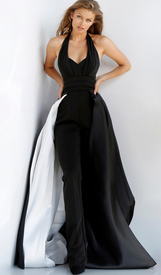 Jovani - 59237 Plunging Halter Jumpsuit with Overskirt In Black and White
