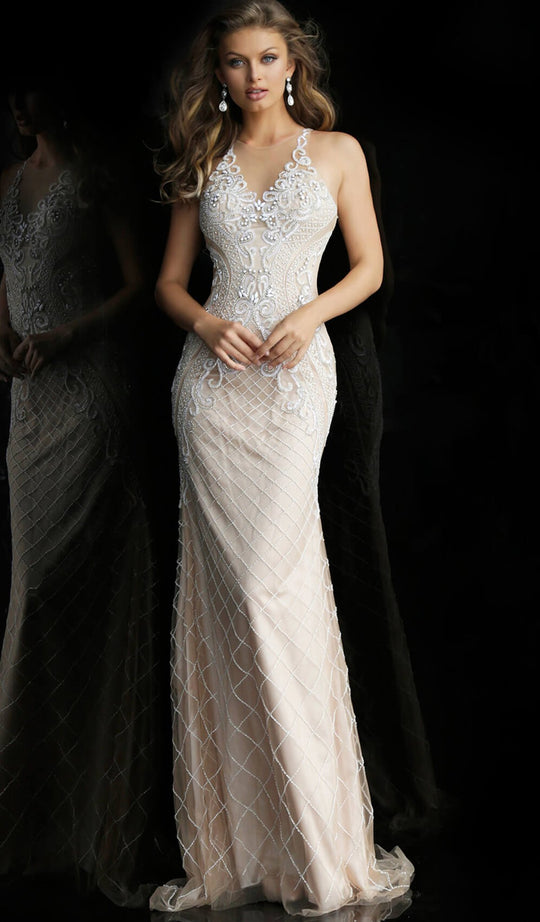 Jovani - 59281 Beaded Embroidered Illusion Jewel Dress in White and Neutral