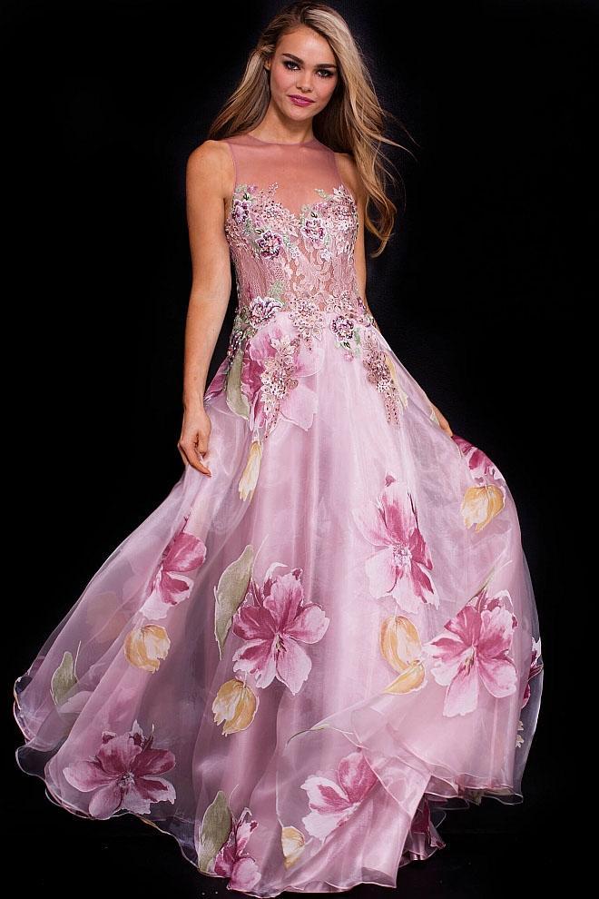 59320 Sleeveless Illusion Floral Embellished Prom Gown