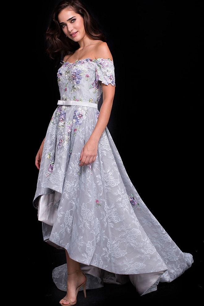 59321 Off the Shoulder Floral Embroidered High Low Dress
