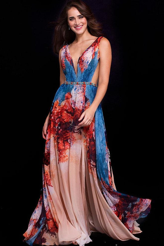 59406 Print Chiffon V Neck Prom Dress