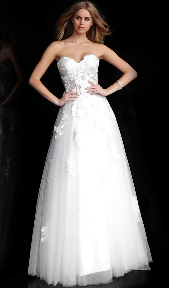 Jovani - 59435 Strapless Embroidered Sweetheart Ballgown in White