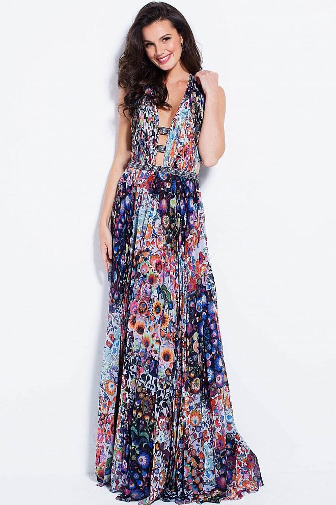 59452 Plunging Halter Neck Print Chiffon Prom Dress