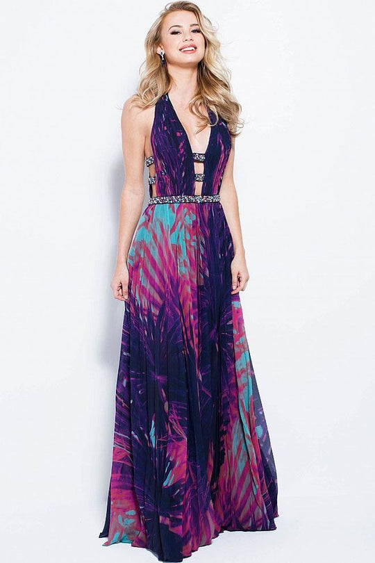 59453 Plunging Halter Embellished Belt Chiffon Prom Dress
