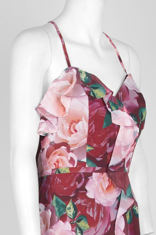 Cachet - 59588 Wrap Cascade Floral Print Chiffon Gown In Red and Floral