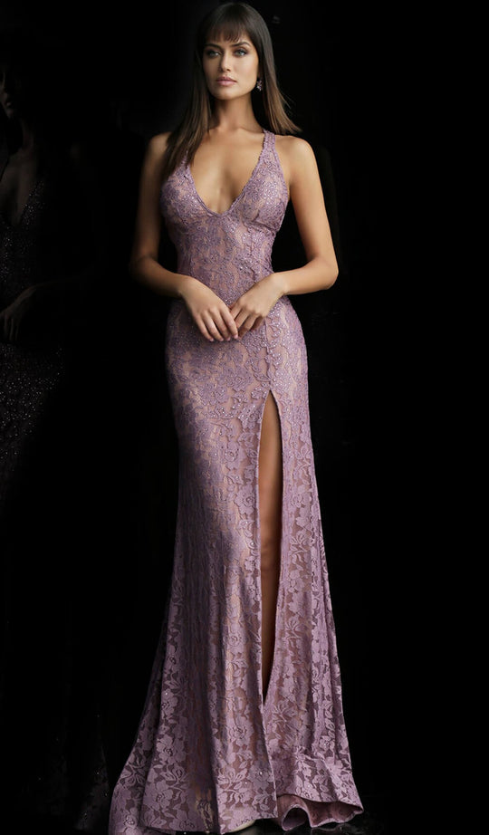 Jovani - 59592 Plunging V Neck Fitted Lace Evening Dress In Purple