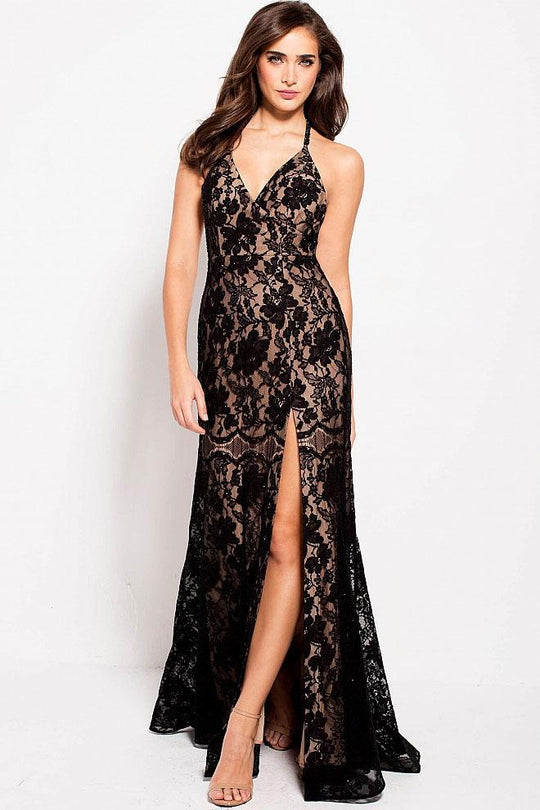 59595 Halter V Neck Lace Prom Dress