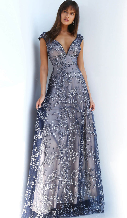 Jovani - 59597 Floral Appliqued V-Neck A-Line Dress In Blue