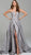Jovani - 59632 Strapless Plunging Notched High Slit Ballgown in Gray and Gold