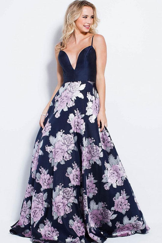 Jovani - 59658 Plunging V-Neck Floral Prom A-line Gown in Blue and Multi-Color
