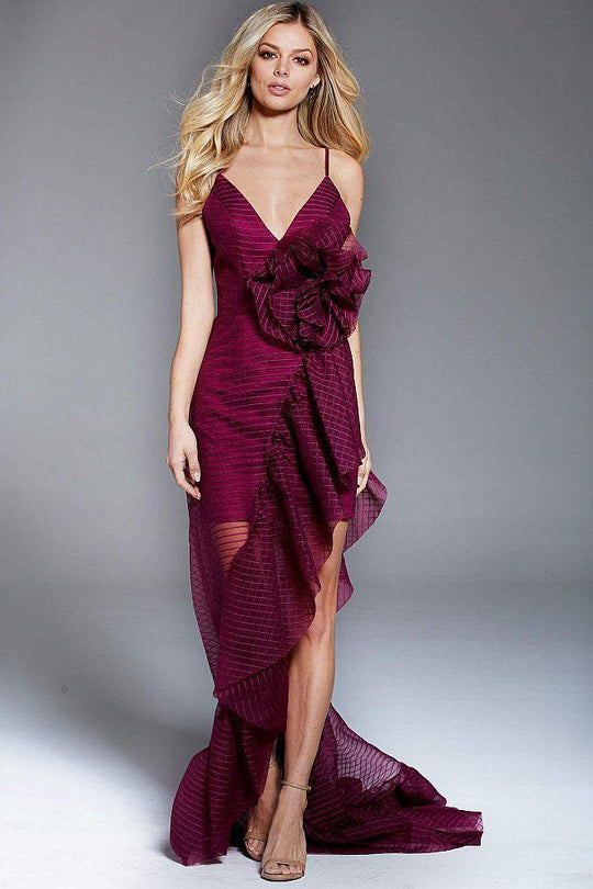 59662 Bow Accented Deep V-neck High Low Dress