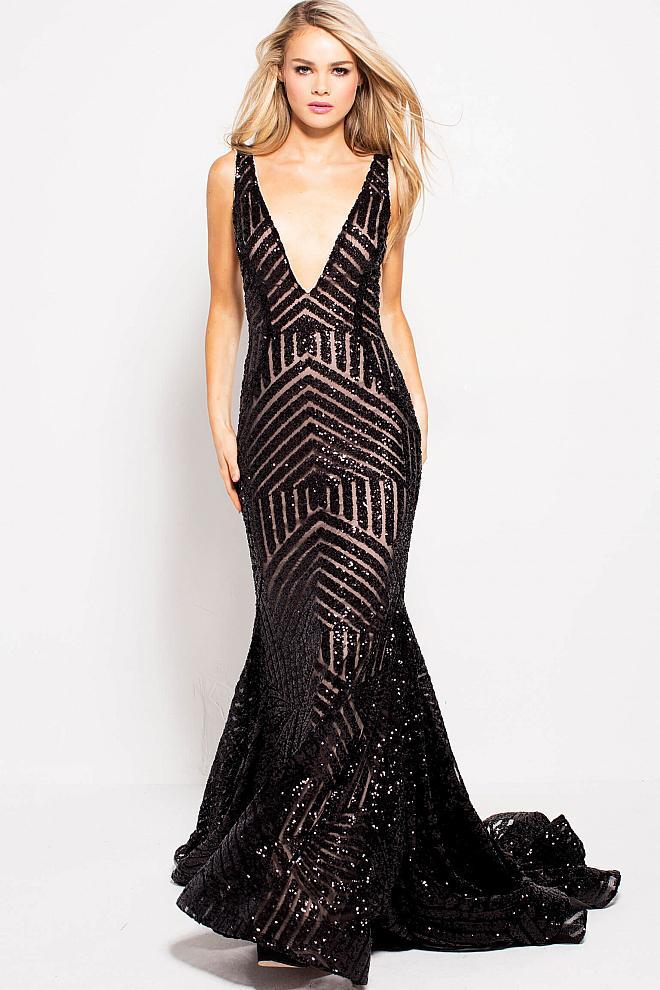 59762 Sexy Fitted Sequined Plunging Gown