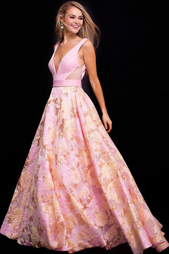 59799 Plunging V-Neck Floral Ballgown