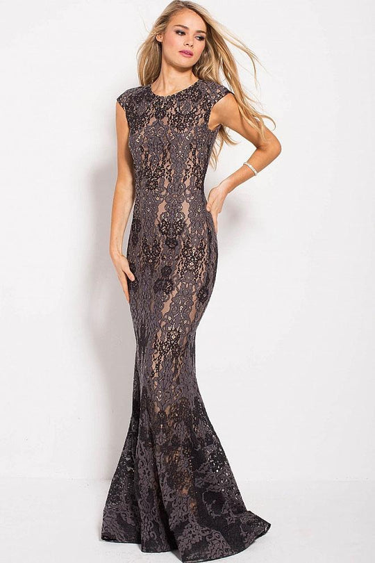 59816 Cap Sleeve Embellished Lace Fitted Gown