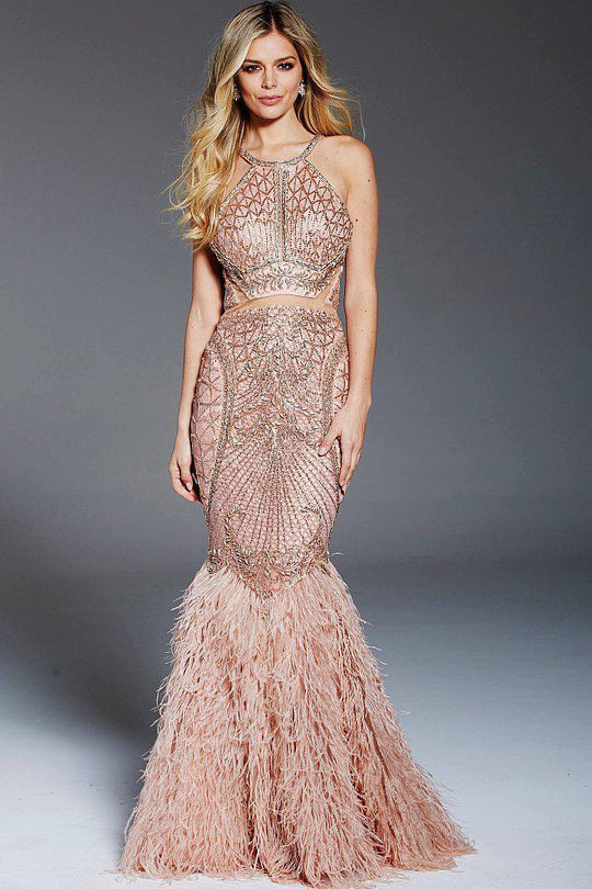 59873 Embellished Fringed Halter Gown