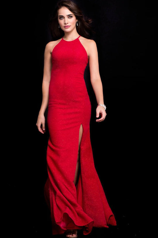 59884 High Halter Glitter Jersey Sheath Gown