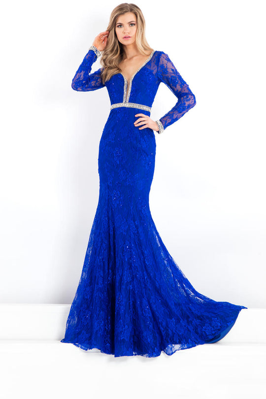 Rachel Allan Prima Donna - 5990 Long Sleeve Beaded Lace Mermaid Gown in Blue