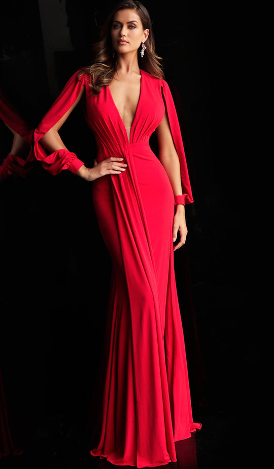 Jovani - 59912 Ruched Deep V-neck Jersey Trumpet Dress in Red