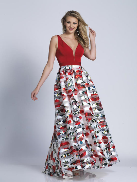 Dave & Johnny - A5991 Deep V-Neck Floral Evening Gown in Print