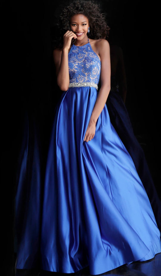 Jovani - 59926 Embellished Lace Halter Satin Ballgown in Blue