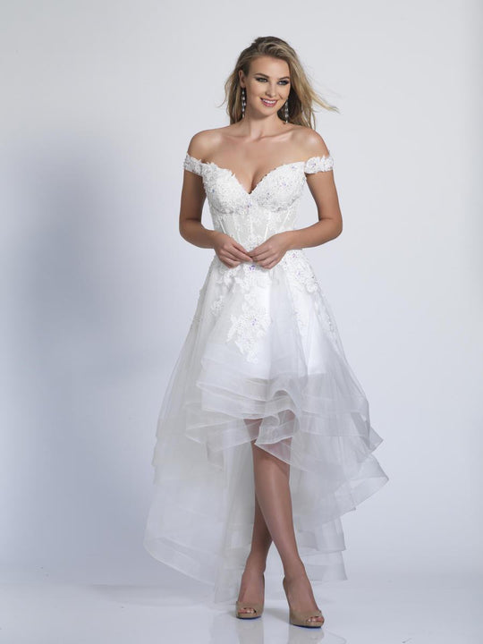 Dave & Johnny - A5997 Lace Off Shoulder High Low Gown in White