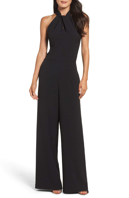Julia Jordan - JJ36624 Halter Neck Keyhole Cutout Solid Crepe Jumpsuit In Black