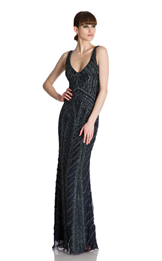 Theia - 882126 Metallic Beaded Embellished Evening Dress in Black