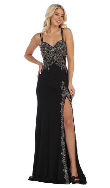 May Queen - Gilded Filigree High Slit Long Gown MQ1633 In Black