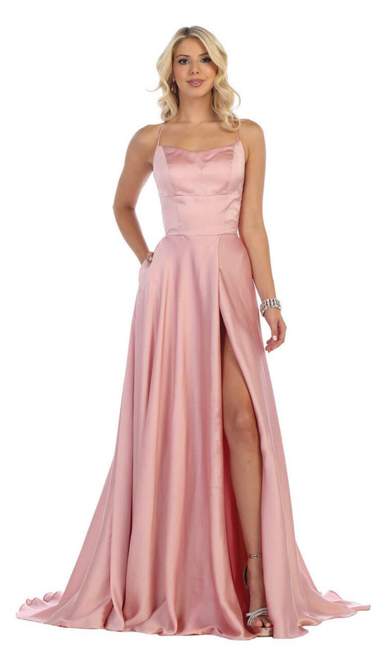 May Queen - MQ1642 Halter Neck Tie String Back A-Line Satin Gown In Pink