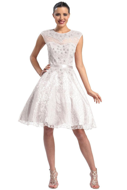 Sue Wong - Cap sleeved Jewel Neck A-Line Dress N5212 in White