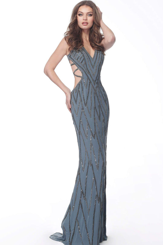 Jovani - 65993 Strappy Beaded Plunging V-Neck Dress In Silver