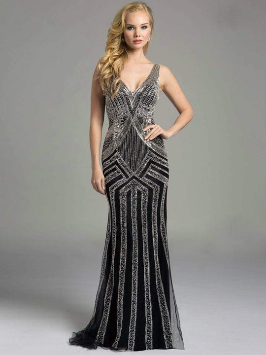 Lara Dresses - Sleeveless V Neck Crystal Beaded Long Black Dress 32958 in Black and Silver
