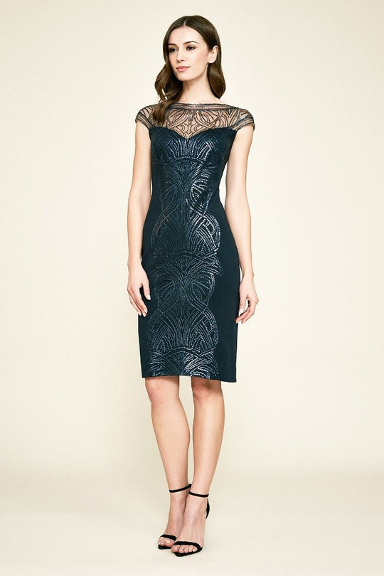 Tadashi Shoji - Sequined Illusion Neckline Column Dress In Blue