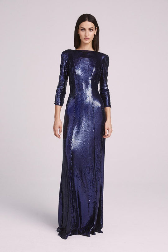 Tadashi Shoji - Shiny Bateau Neck Long Dress In Blue and Black