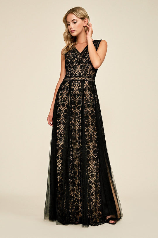 Tadashi Shoji - Embroidered V-neck A-line Dress In Black and Neutral