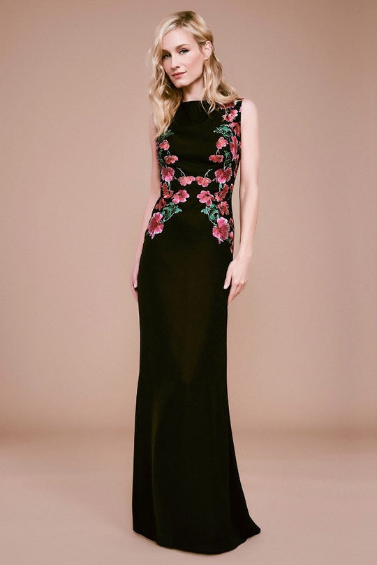 Tadashi Shoji - Floral Embroidered Long Sheath Gown In Black and Floral