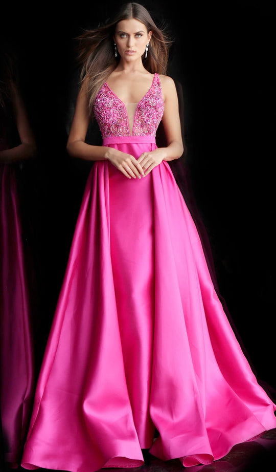 Jovani - 60016 Embellished Deep V-neck Ballgown With Sweep Train in Pink