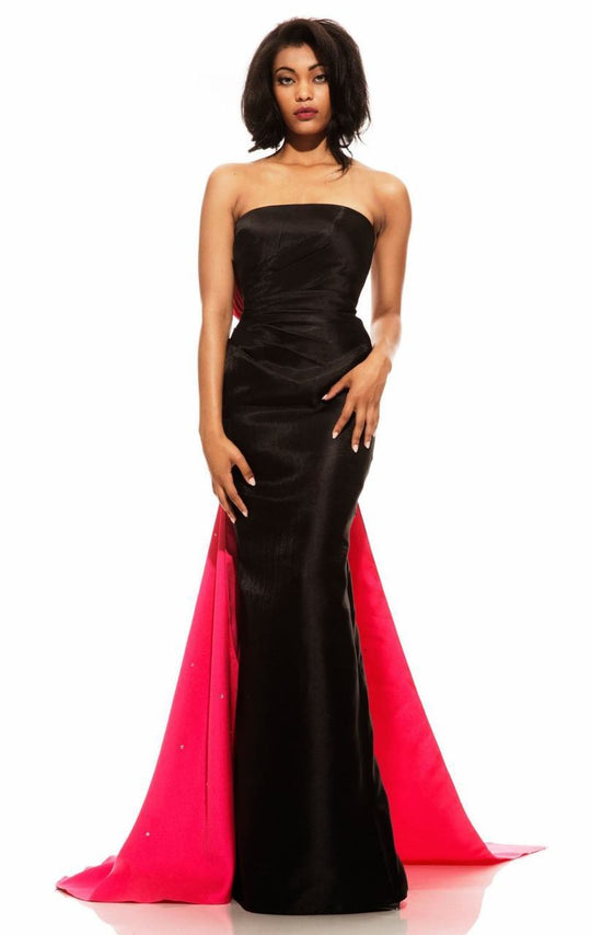 Johnathan Kayne - 6003 Contrasting Bow Draped Evening Gown in Black and Pink