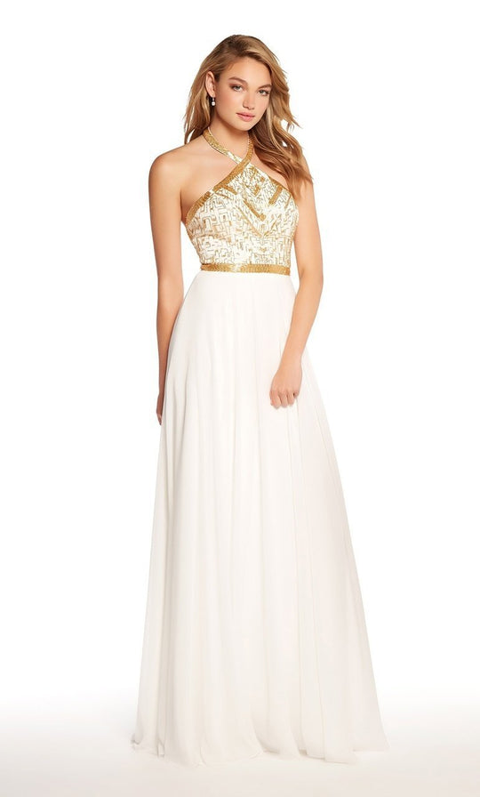 Alyce Paris - 60043 Embellished Halter Chiffon A-line Dress In White and Gold