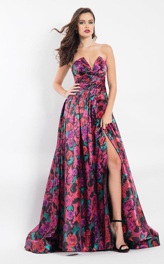 Rachel Allan  - 6006 Strapless Floral Print A-line Gown in Black and Multi-Color
