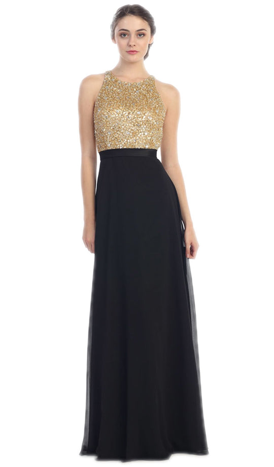 Eureka Fashion - Sleeveless Metallic Sequined Chiffon A-Line Evening Gown