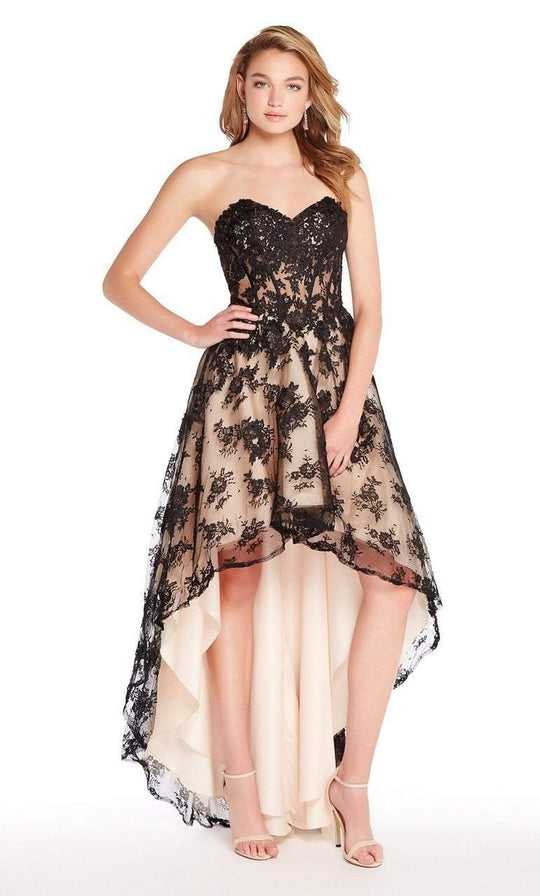Alyce Paris - 60084 Strapless Lace Sweetheart High Low A-line Dress In Black and Neutral