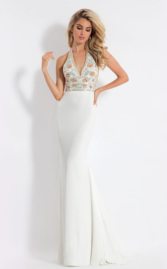 Rachel Allan  - 6008 Floral Halter Sheath Dress in White