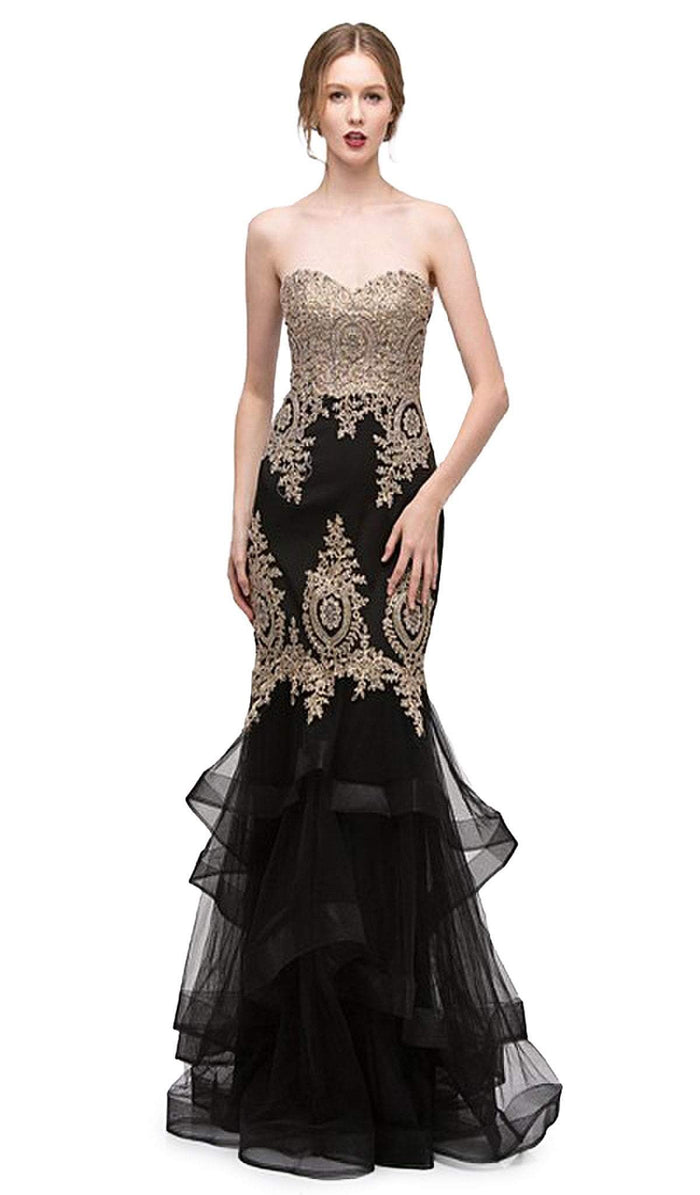 Gilt Adorned Strapless Trumpet Evening Gown