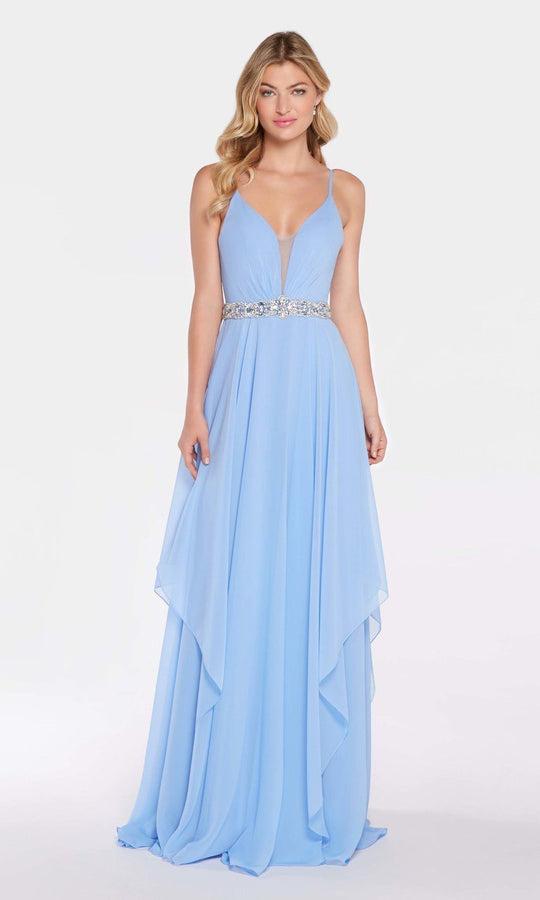 Alyce Paris Plunging Asymmetrical Cascade Chiffon Gown 60092 in Blue