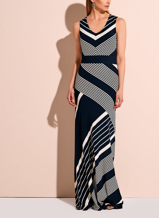 Linea Domani - 9731 Sleeveless Graphic Stripe Maxi Dress in Blue and White