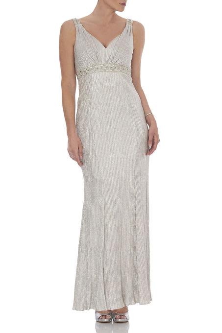 Cachet - Sleeveless Embellished Long Dress 10053 in Nude and Silver