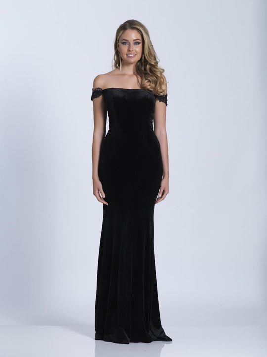 Dave & Johnny - A6010 Off Shoulder Lace Velvet Evening Gown  in Black